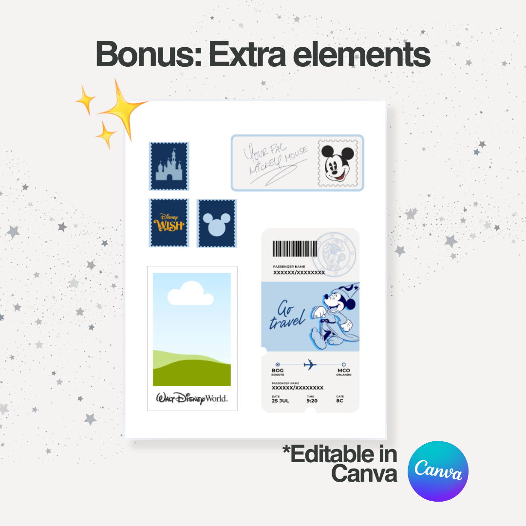 Ticket sorpresa de viaje a Disney – Plantilla editable en Canva
