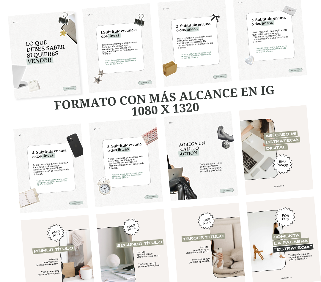 Conjunto de 43 plantillas editables para carruseles y publicaciones en Canva