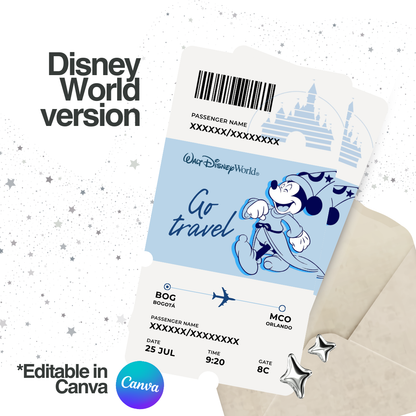 Ticket sorpresa de viaje a Disney – Plantilla editable en Canva