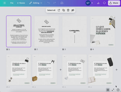 Conjunto de 43 plantillas editables para carruseles y publicaciones en Canva